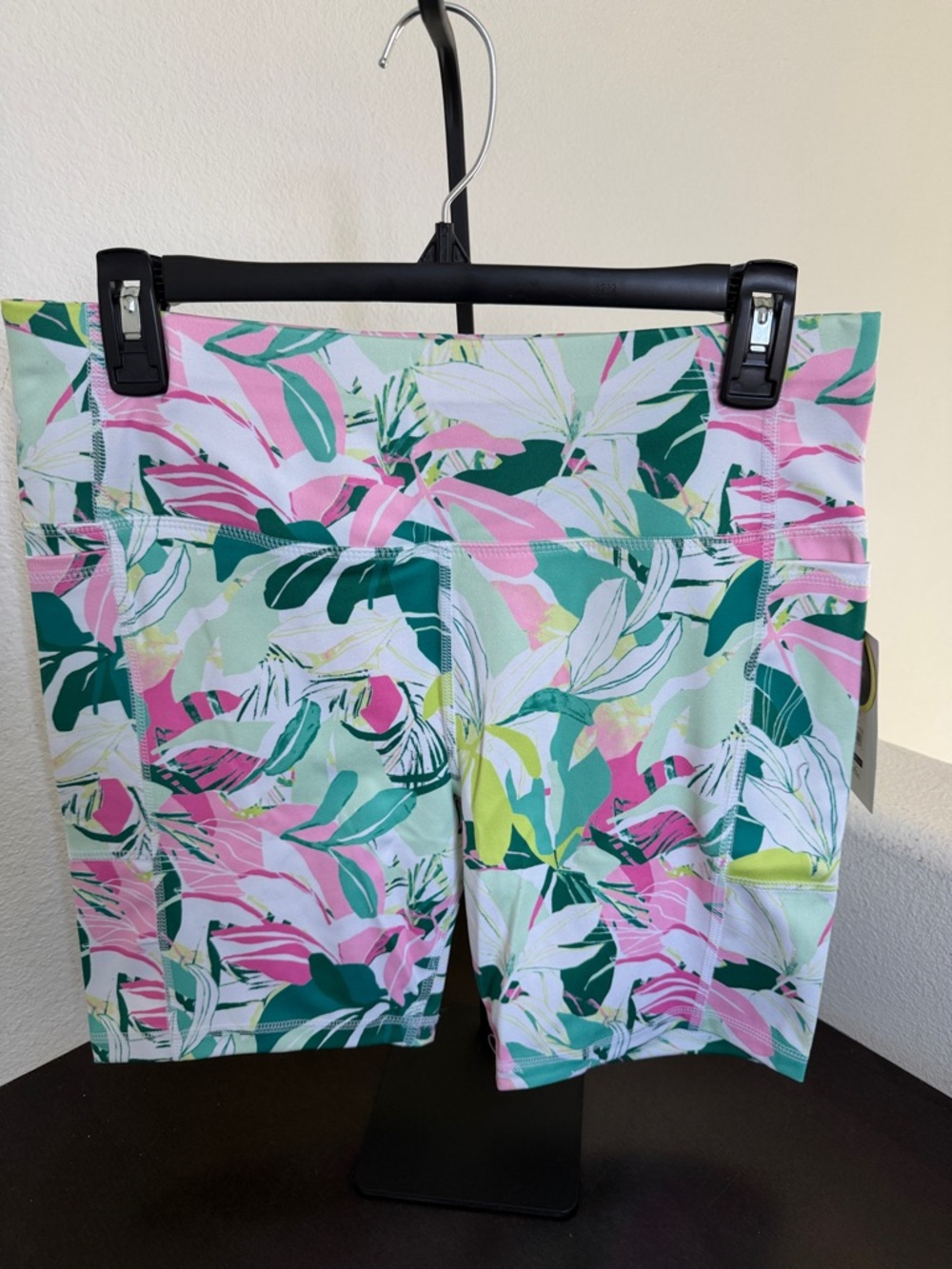 Athletic Works Pink, Green & White Tropical Leaf Bike Shorts